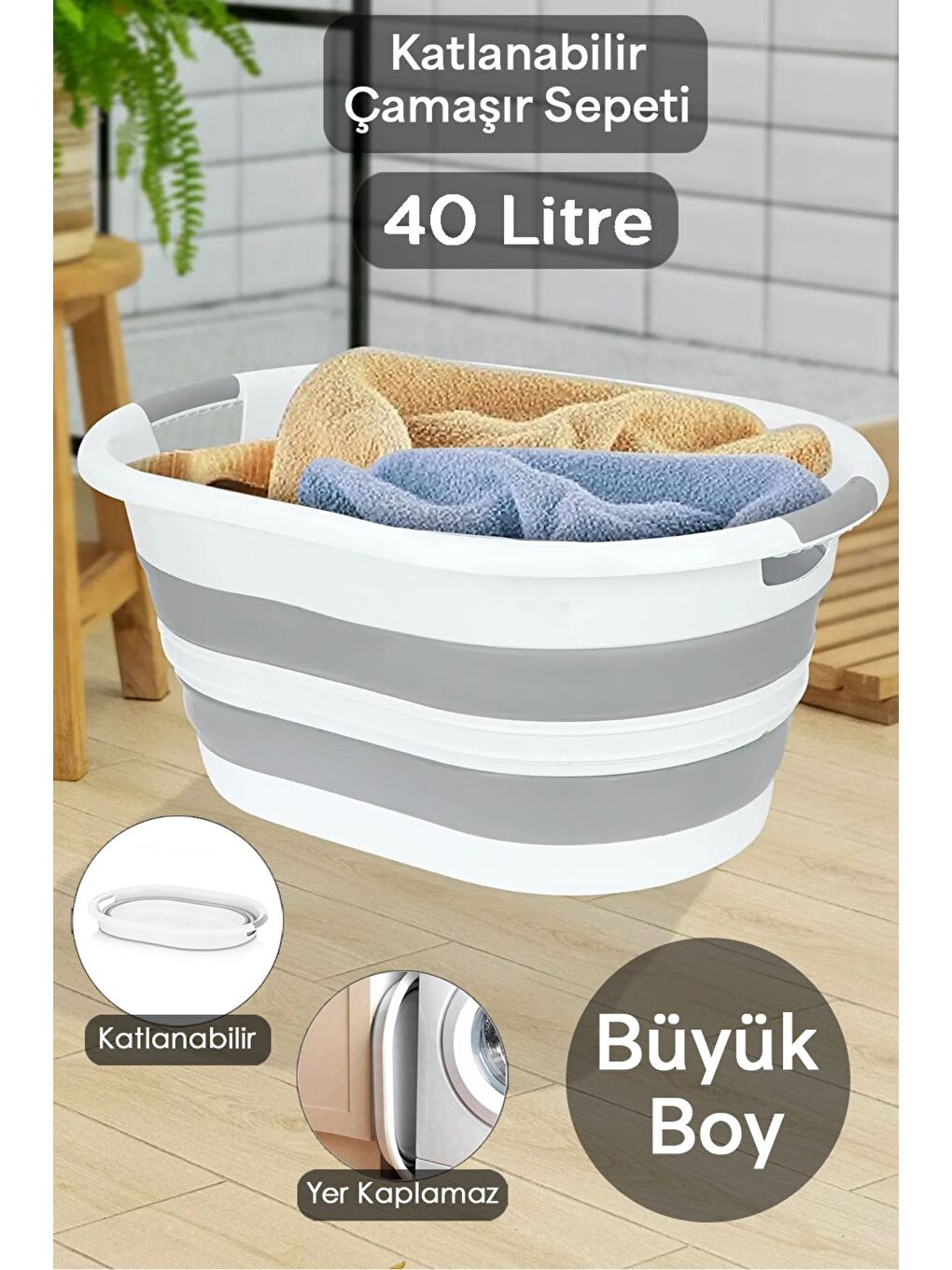 Gri Mega Boy Katlanabilir Silikon Çamaşır Sepeti Büyük Boy Vip Akordiyon Sepet