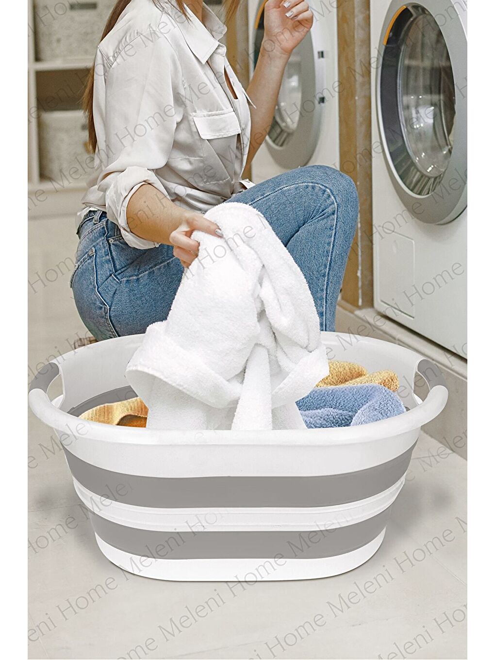 Gri Mega Boy Katlanabilir Silikon Çamaşır Sepeti Büyük Boy Vip Akordiyon Sepet-1