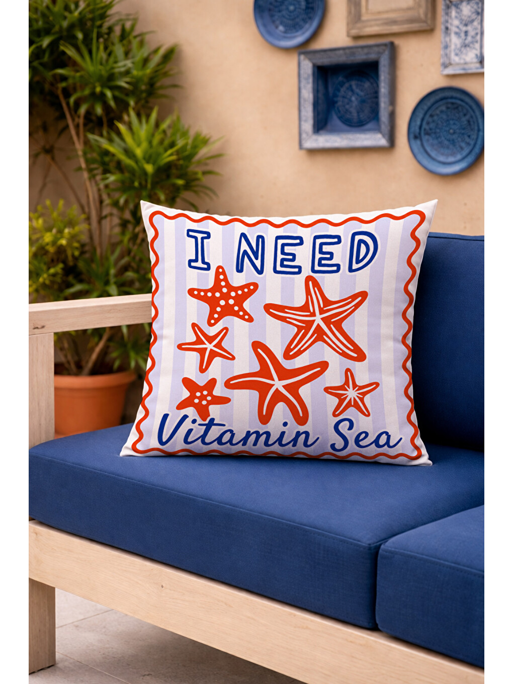 Beyaz Vitamin Sea Deniz Yıldızı Desenli Marin Dekoratif Kırlent Kılıfı Marin Dekor 43x43 Cm-4
