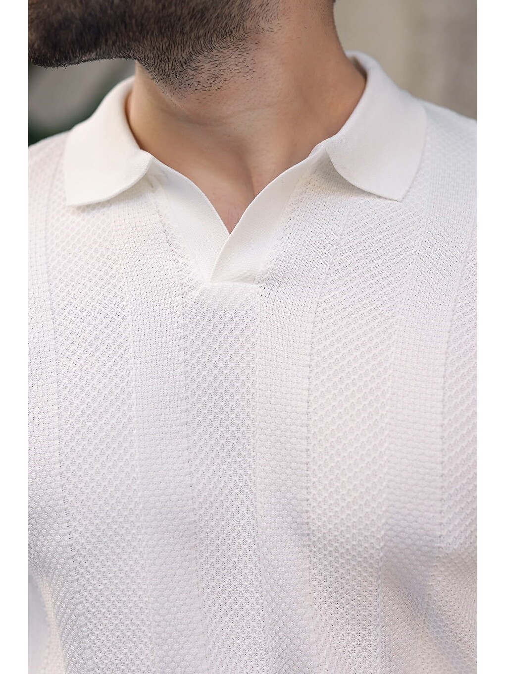 Beyaz Regular Fit Polo Yaka Triko Erkek Kazak E7509-4