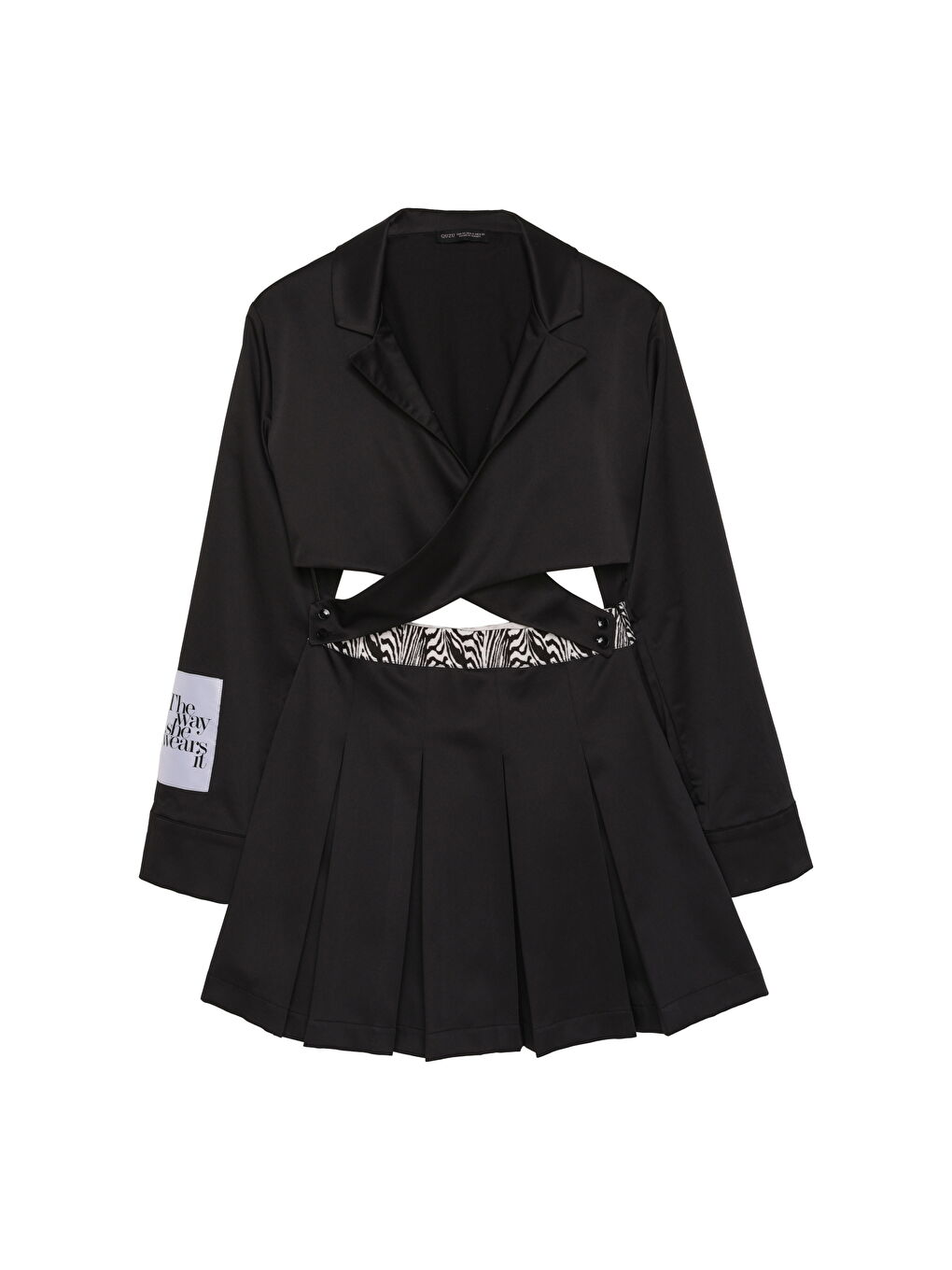 Cut Out Saten Pileli Mini Elbise Siyah