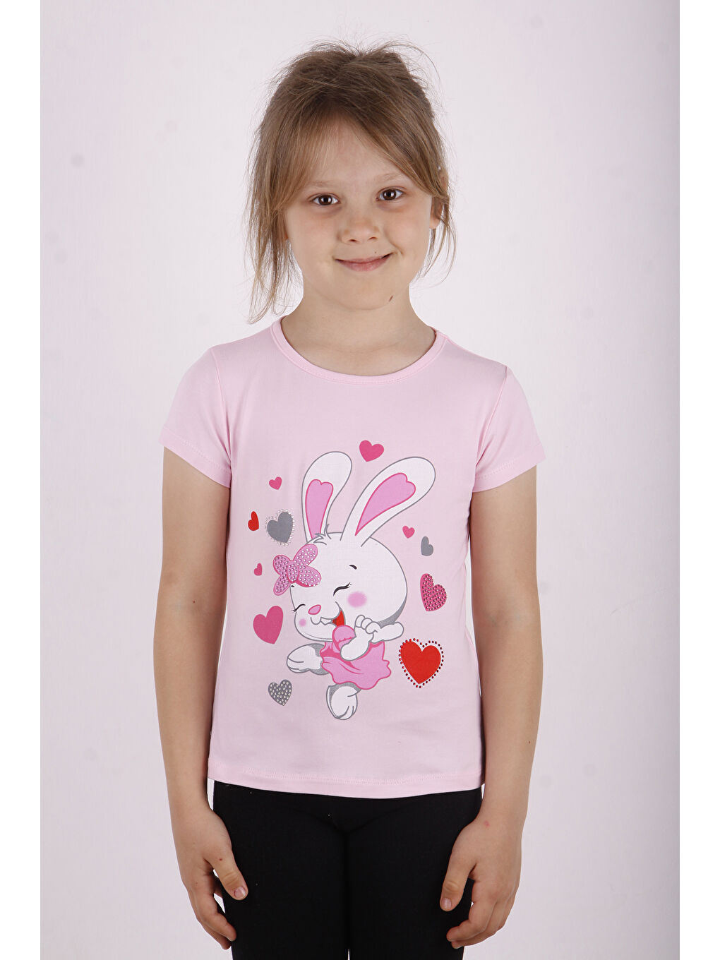 Pembe Kız Çocuk Kalpli Tavşan Baskılı Tişört