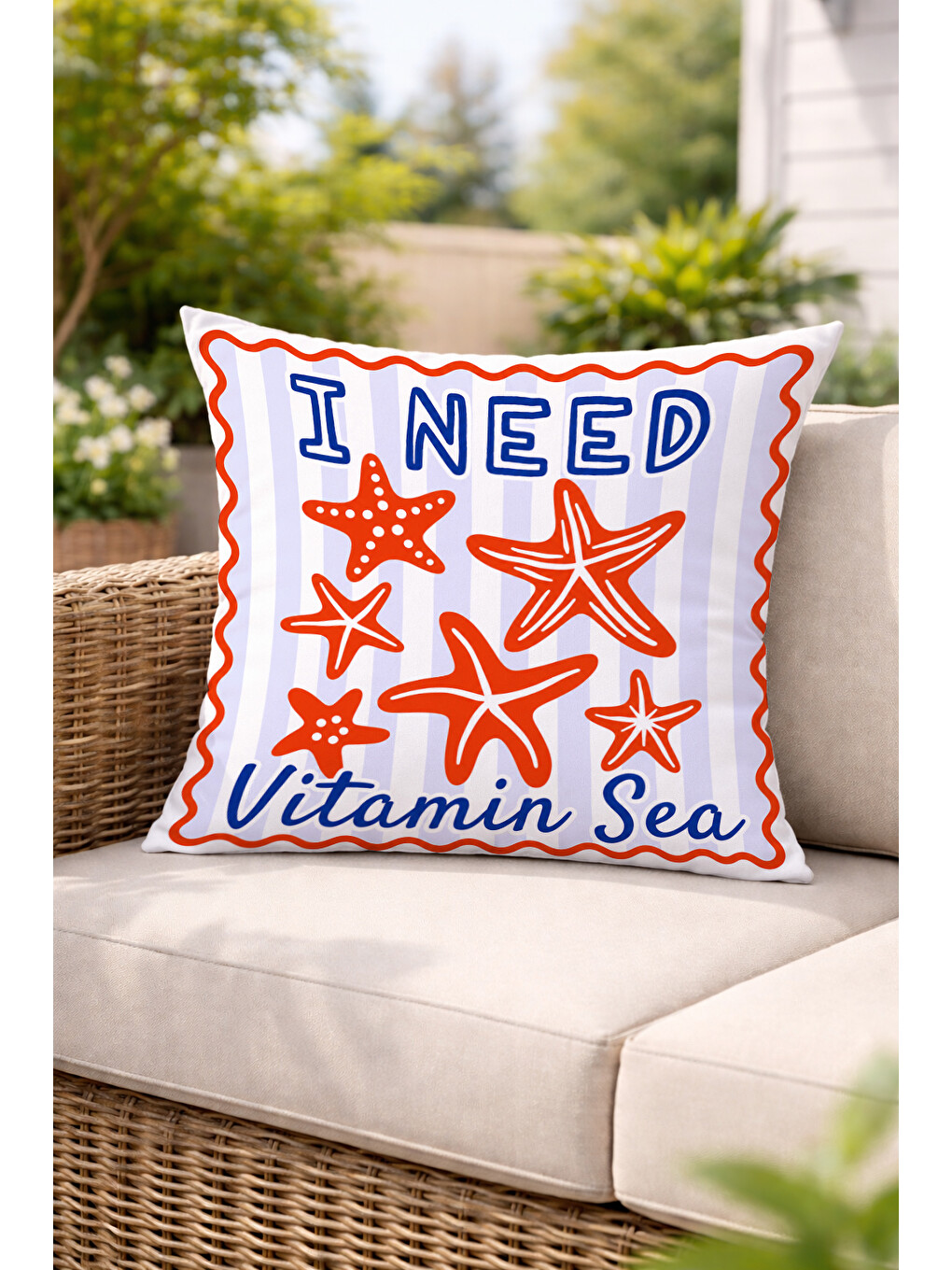 Beyaz Vitamin Sea Deniz Yıldızı Desenli Marin Dekoratif Kırlent Kılıfı Marin Dekor 43x43 Cm-5