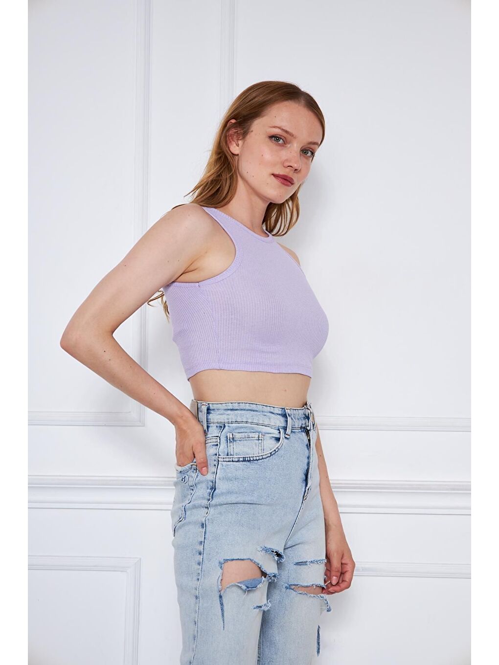 Kadın Crop Top Kırmızı Lila Bluz-2
