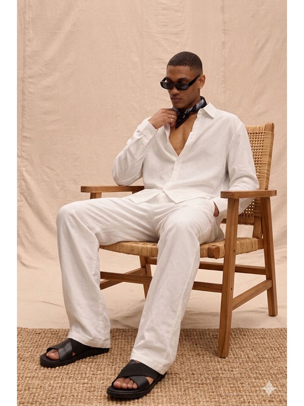 Beyaz Erkek Haki Lyocell Kumaş Oversize Gömlek Pantolon Takım – Rahat Kesim Yazlık Kombin-1