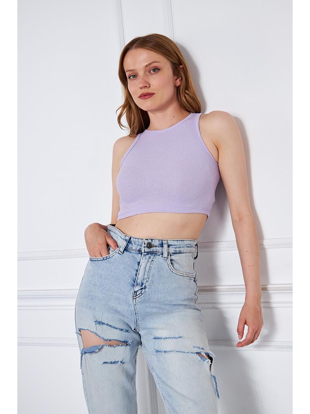 Kadın Crop Top Kırmızı Lila Bluz-3