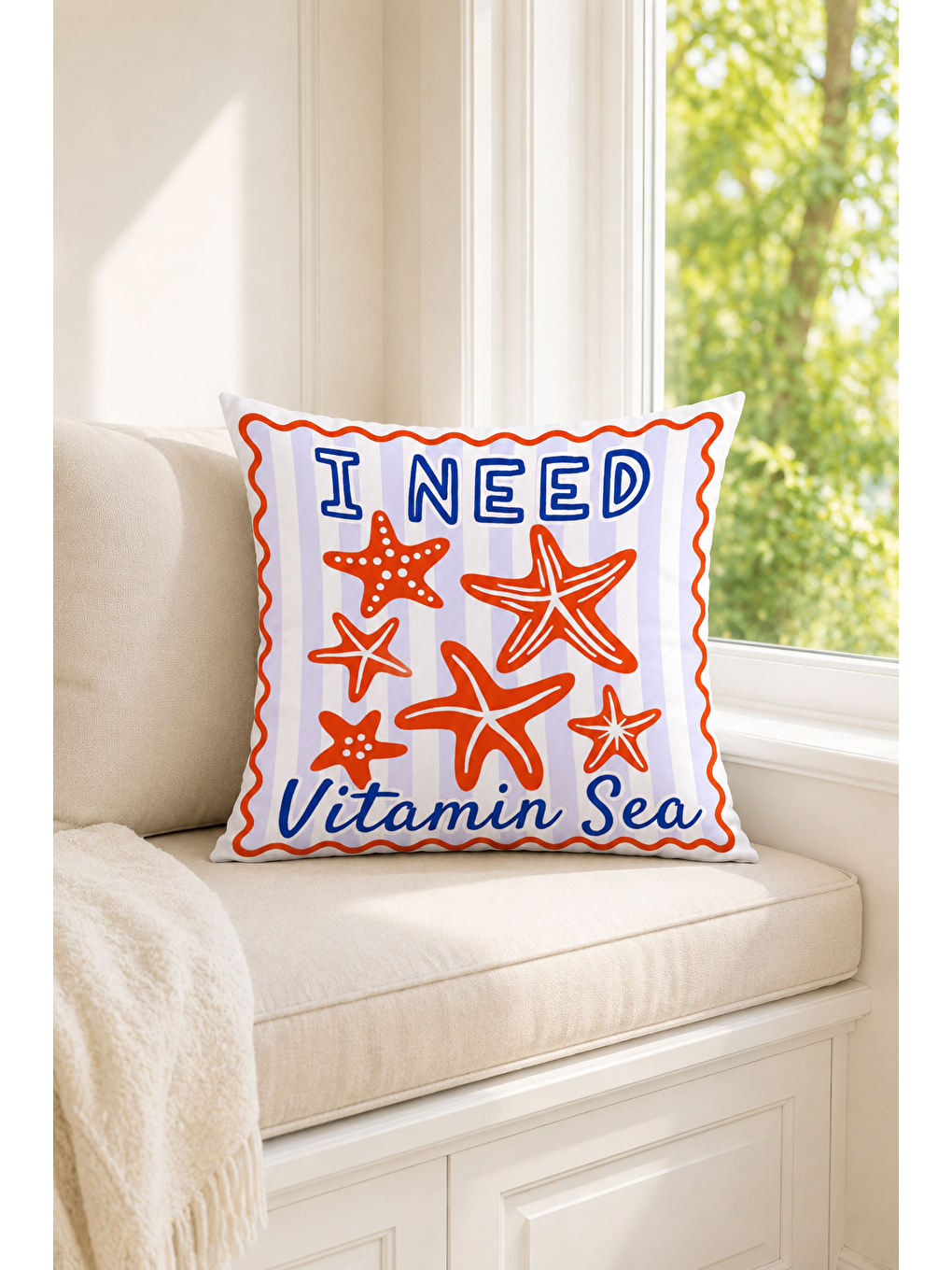 Beyaz Vitamin Sea Deniz Yıldızı Desenli Marin Dekoratif Kırlent Kılıfı Marin Dekor 43x43 Cm-6