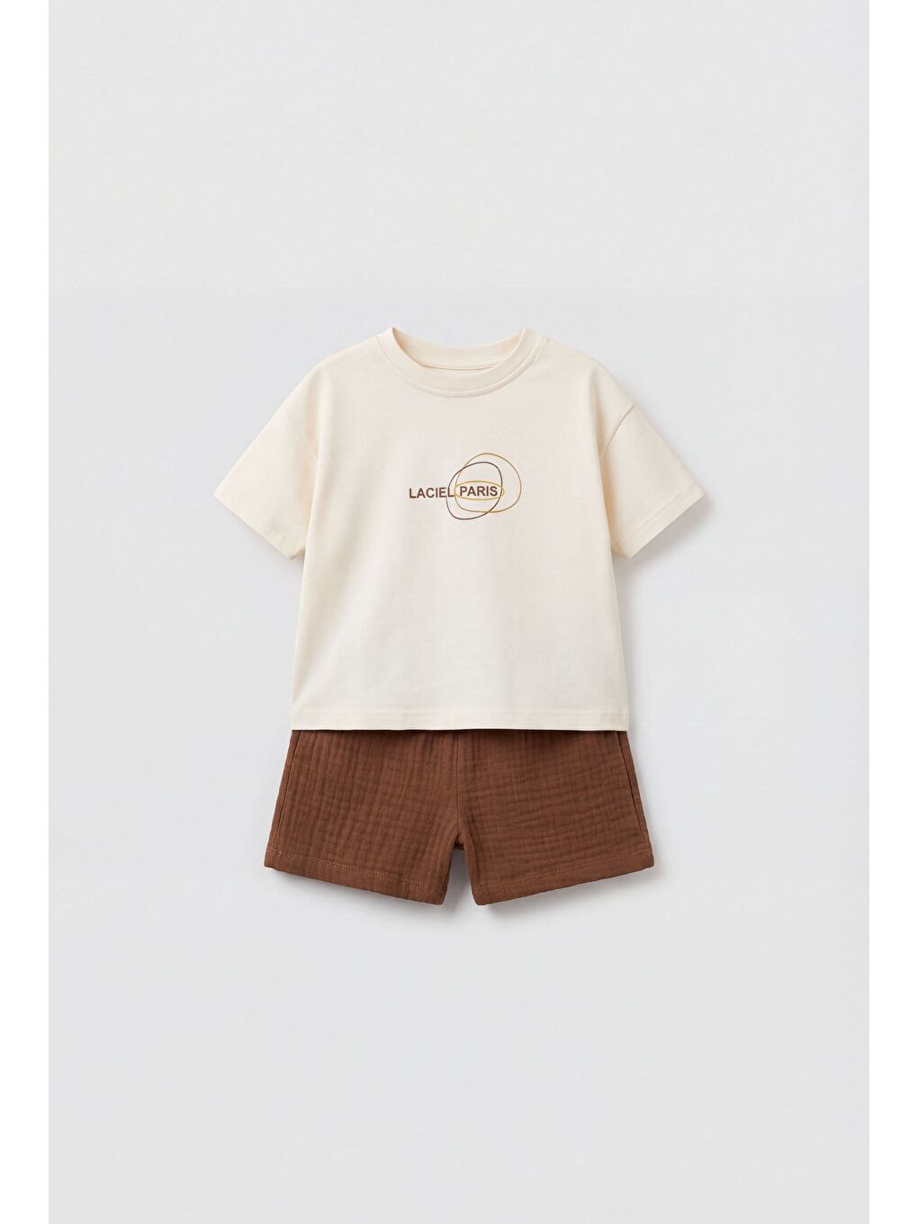 Karışık Unisex Bebek Pamuklu Ekru Logo Baskılı Tişört Şort Takım