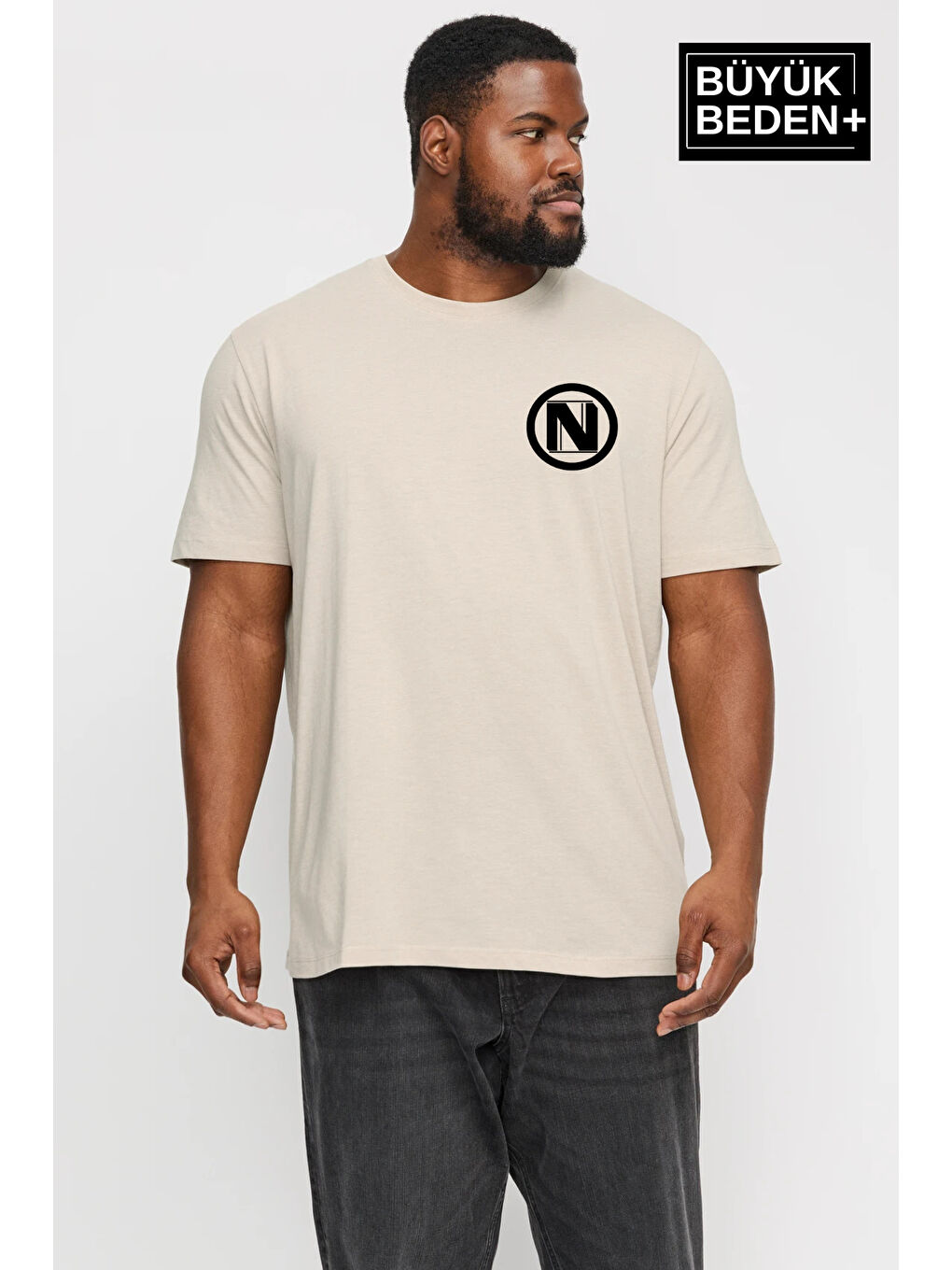 Bej Erkek Büyük Beden N Baskılı Bisiklet Yaka Tişört SPR25BTS902