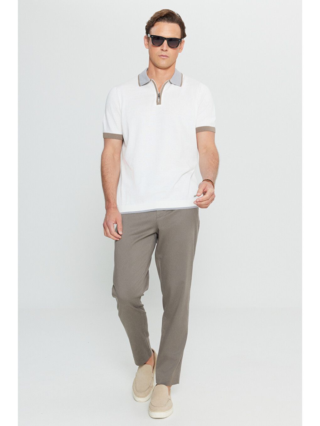 Erkek Ekru %100 Pamuk Standart Fit Normal Kesim Polo Yaka Triko Tişört-2