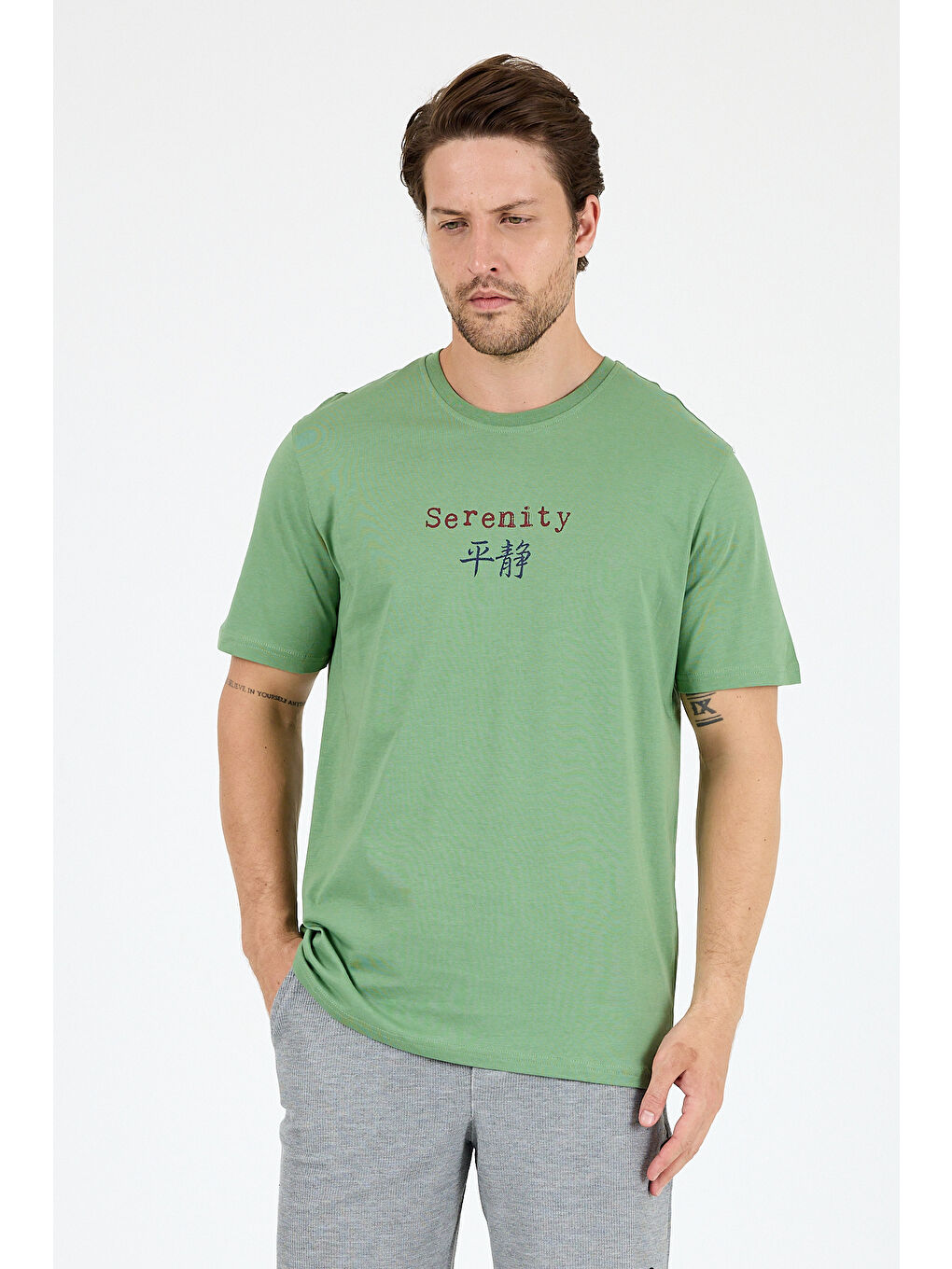 Yeşil %100 Pamuk Bisiklet Yaka Baskılı Rahat Kesim, Nefes Alabilir Kumaş Erkek Tişört Basic Tişört 0104