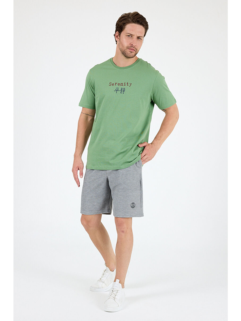 Yeşil %100 Pamuk Bisiklet Yaka Baskılı Rahat Kesim, Nefes Alabilir Kumaş Erkek Tişört Basic Tişört 0104-2