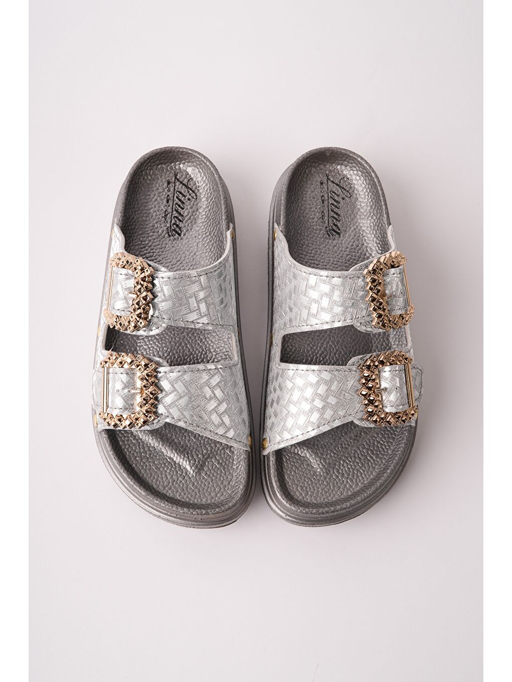 Gri GLİTZA Parlak Dokulu Çift Tokalı Günlük Kadın Terlik-1
