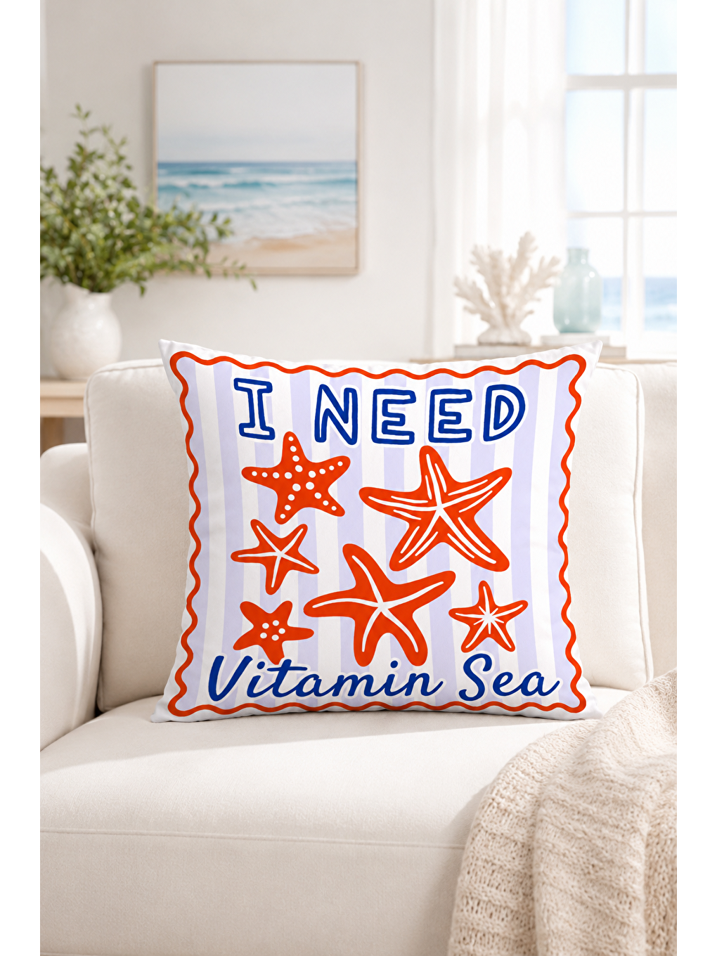 Beyaz Vitamin Sea Deniz Yıldızı Desenli Marin Dekoratif Kırlent Kılıfı Marin Dekor 43x43 Cm-7