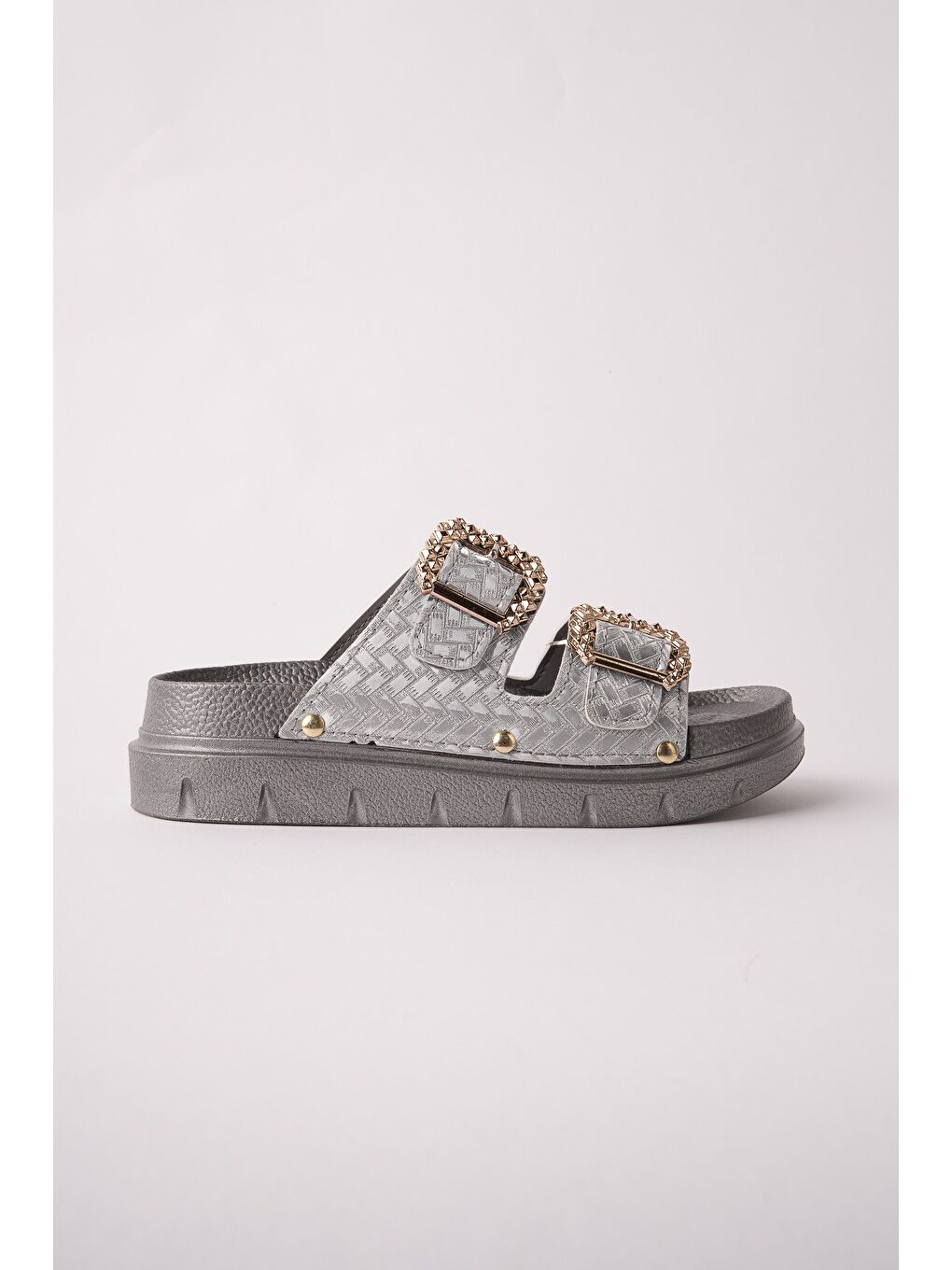 Gri GLİTZA Parlak Dokulu Çift Tokalı Günlük Kadın Terlik-2