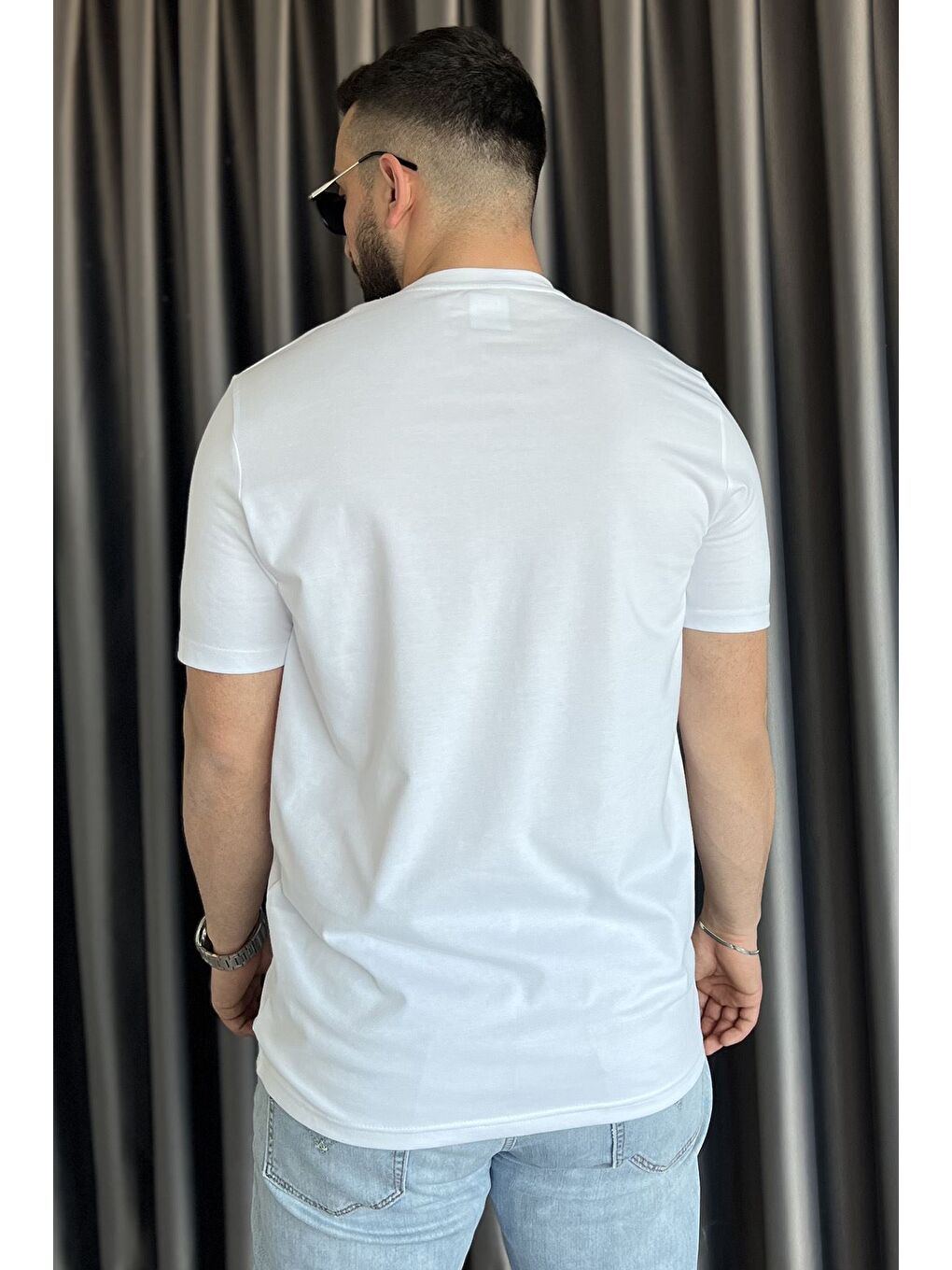 Beyaz Erkek Bisiklet Yaka Baskılı Şerit Detaylı Tişört-2