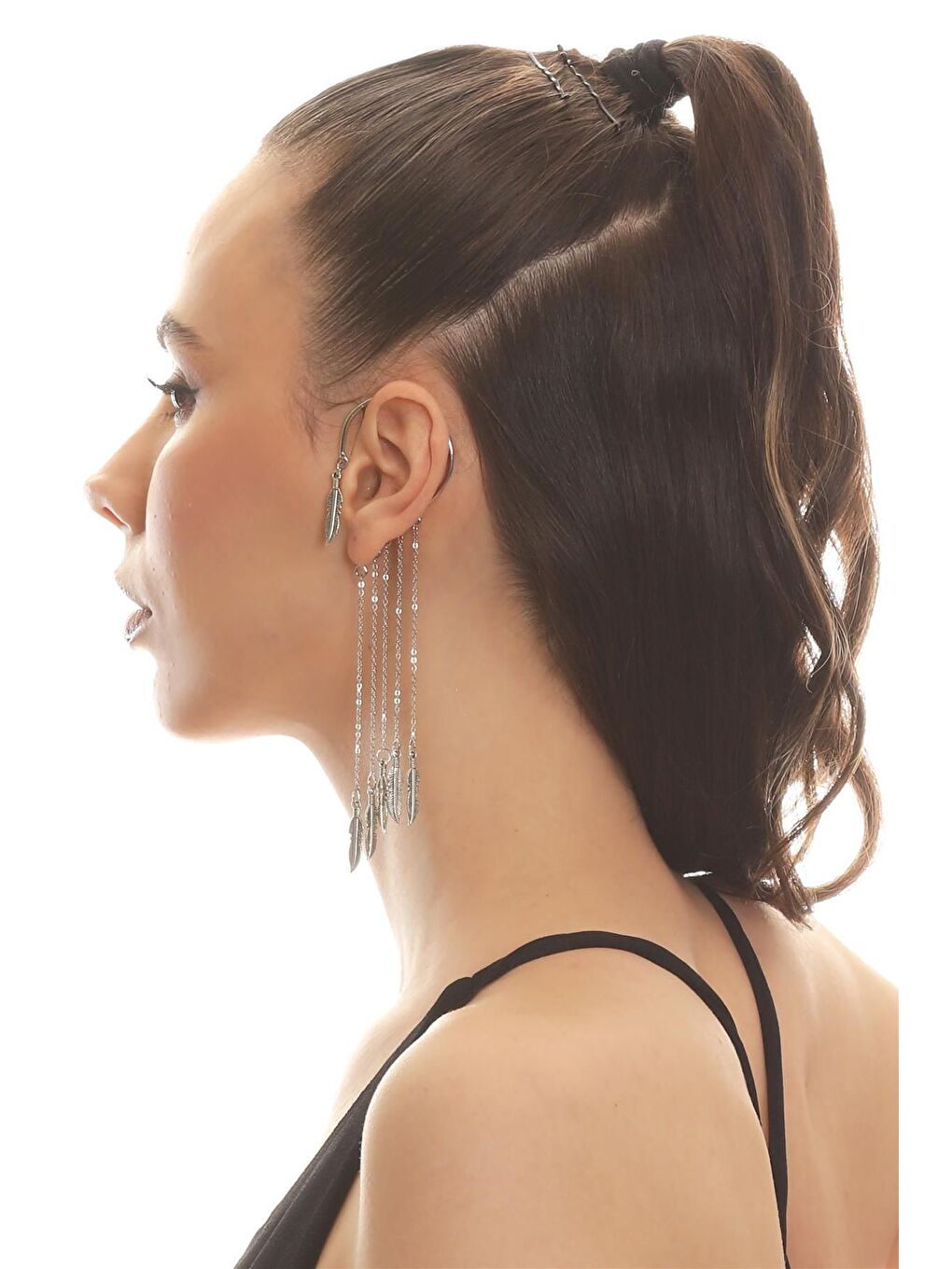 Gri Kadın Gümüş Renk Lak Kaplama Sallantılı Yaprak Charm Earcuff&Kıkırdak Küpe-1