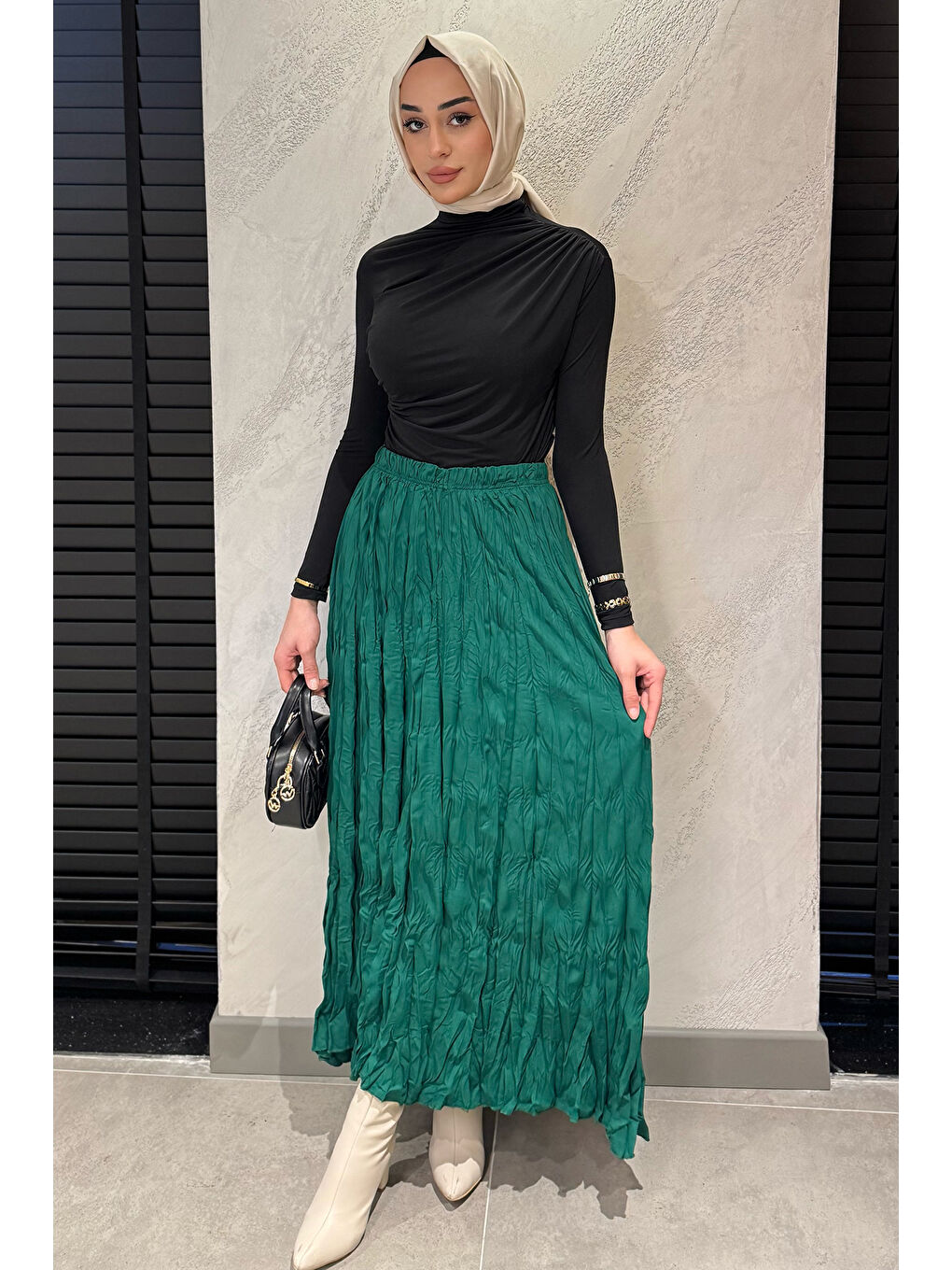 Yeşil Bel Lastikli Krinkıl Vual Tesettür Etek-2