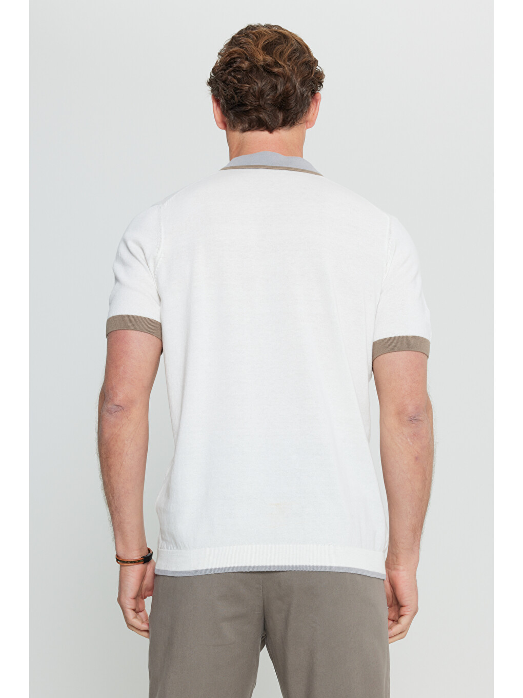 Erkek Ekru %100 Pamuk Standart Fit Normal Kesim Polo Yaka Triko Tişört-5