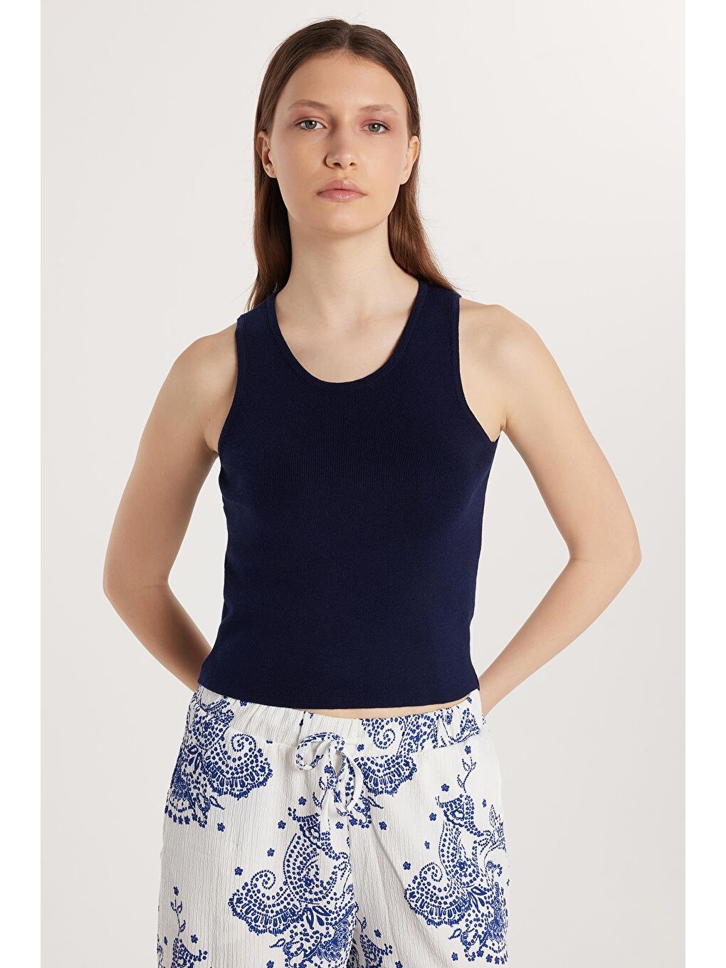 Kadın Slim Fit Düz Geniş Yaka Lacivert Body Atlet-2