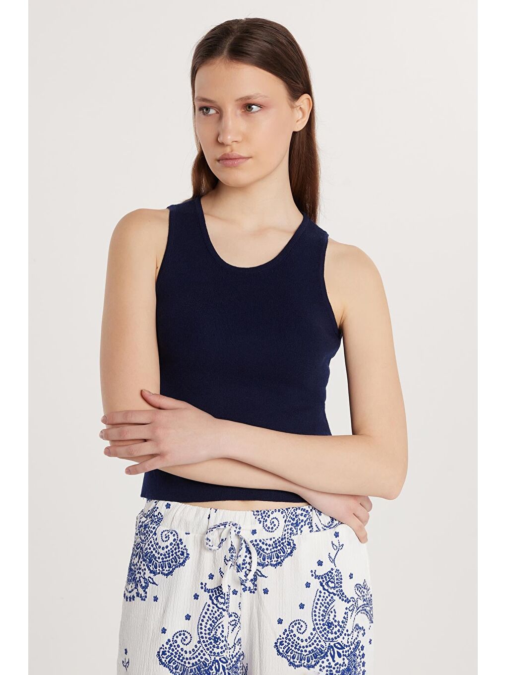 Kadın Slim Fit Düz Geniş Yaka Lacivert Body Atlet-3