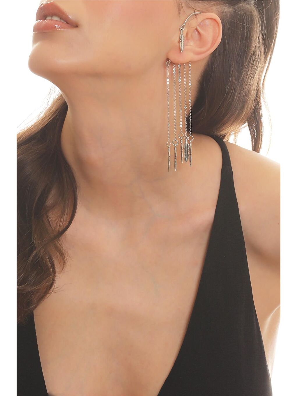 Gri Kadın Gümüş Renk Lak Kaplama Sallantılı Yaprak Charm Earcuff&Kıkırdak Küpe-2