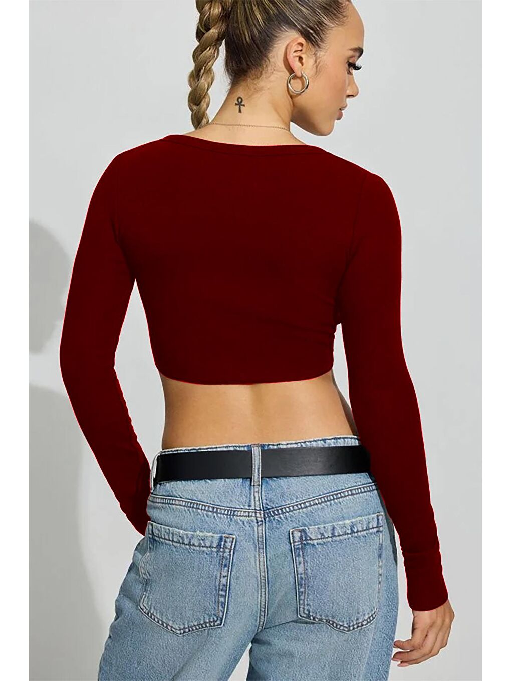 Bordo Uzun Kollu Düğmeli Kaşkorse Crop Hırka Mg2193-1