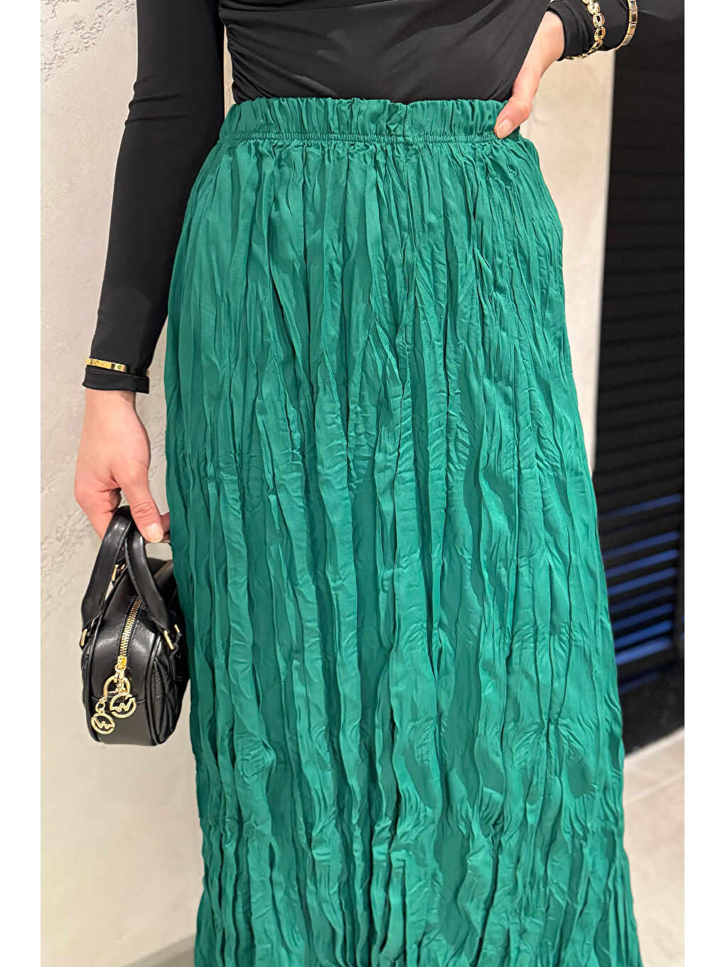 Yeşil Bel Lastikli Krinkıl Vual Tesettür Etek-4