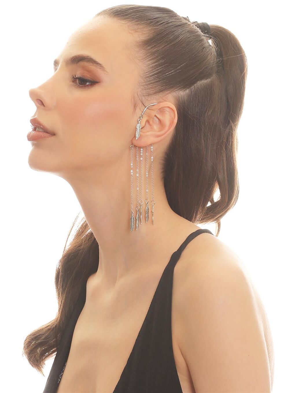 Gri Kadın Gümüş Renk Lak Kaplama Sallantılı Yaprak Charm Earcuff&Kıkırdak Küpe-3