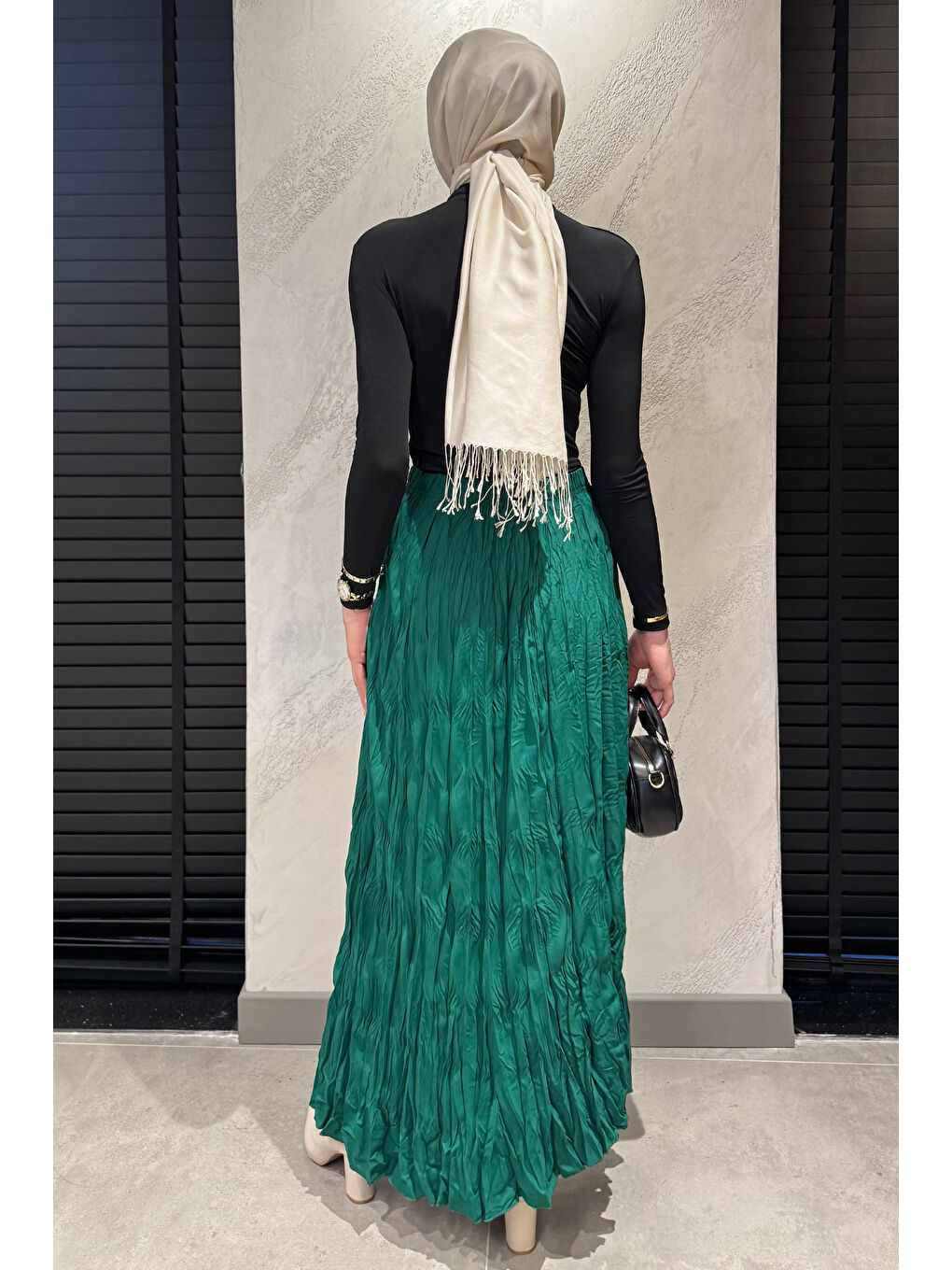 Yeşil Bel Lastikli Krinkıl Vual Tesettür Etek-6