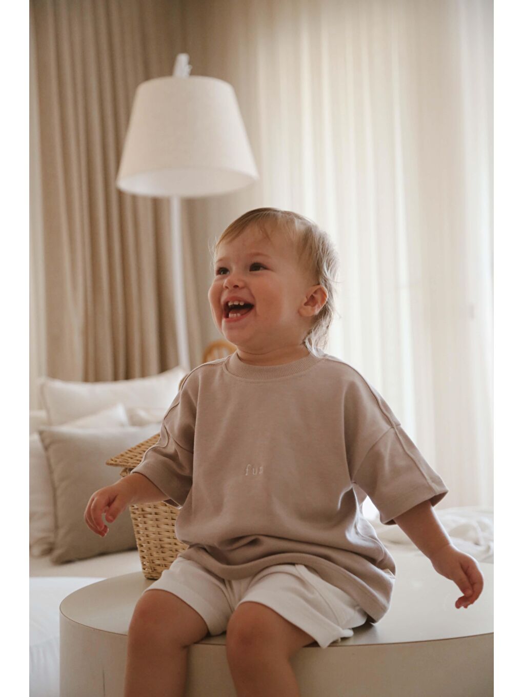 Bej Vizon Bisiklet Yaka Oversize T-Shirt Bebek - Çocuk