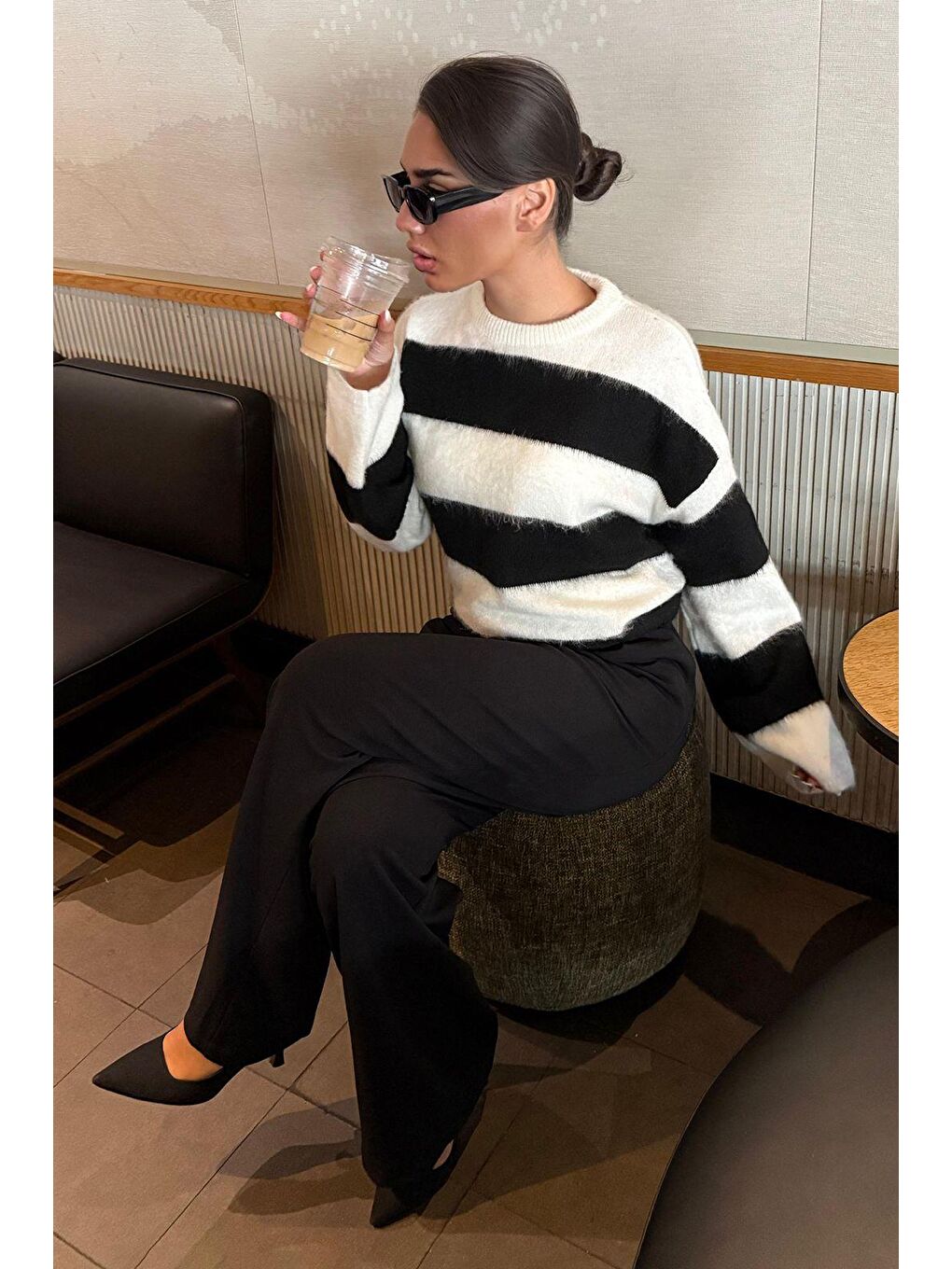 Siyah Bisiklet Yaka Çizgili Triko Kadın Kazak Mg2472-2