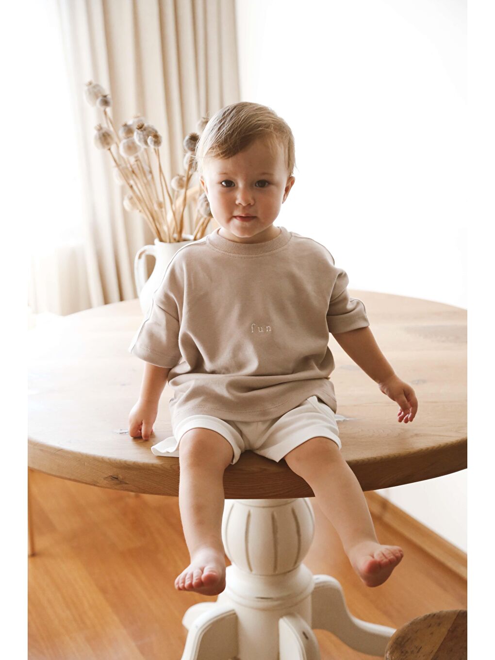 Bej Vizon Bisiklet Yaka Oversize T-Shirt Bebek - Çocuk-1