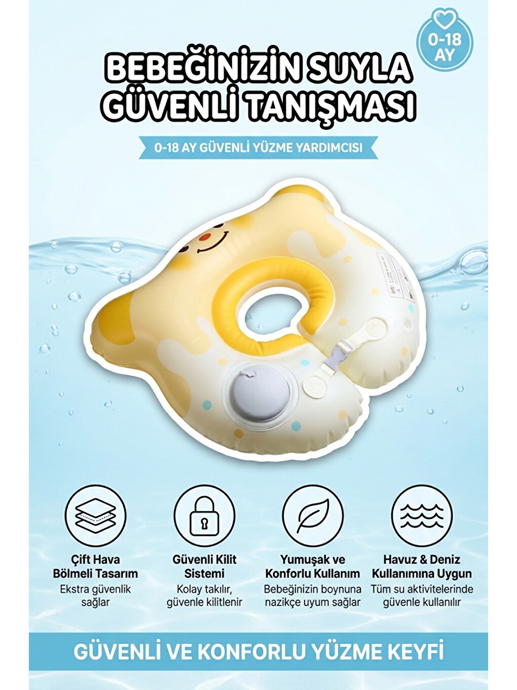 Karışık Bebek Havuz Deniz Simidi Süngerli Pompasız Ayıcık Temalı Kendinden Şişen Yeni Model Sarı