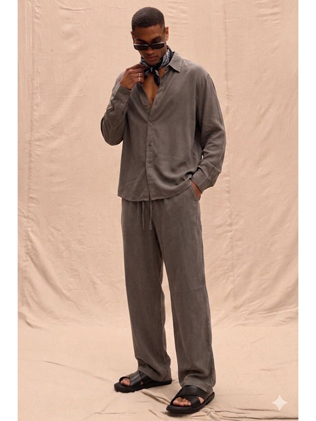 Erkek Haki Lyocell Kumaş Oversize Gömlek Pantolon Takım – Rahat Kesim Yazlık Kombin
