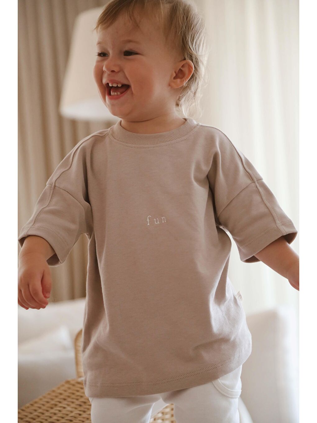 Bej Vizon Bisiklet Yaka Oversize T-Shirt Bebek - Çocuk-2