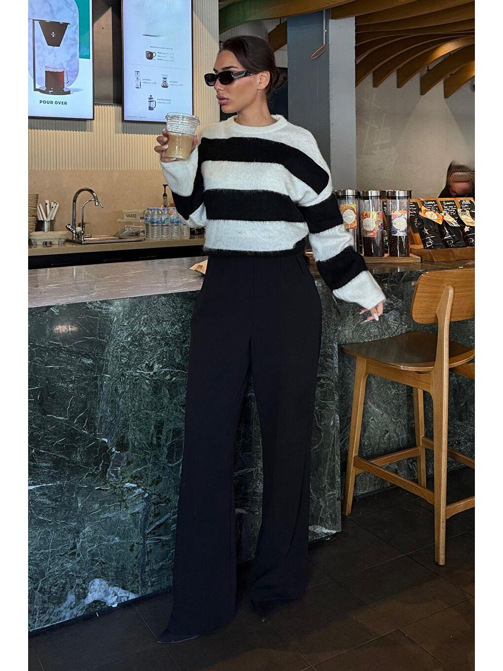 Siyah Bisiklet Yaka Çizgili Triko Kadın Kazak Mg2472-5