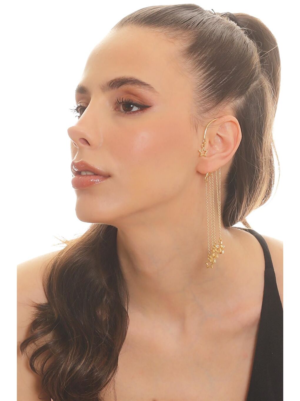 Sarı Kadın Altın Renk Lak Kaplama Sallantılı Yıldız Charm Earcuff&Kıkırdak Küpe-1