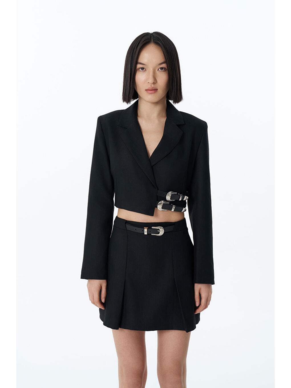 Kemer Aksesuarlı Crop Blazer Ceket Siyah-2