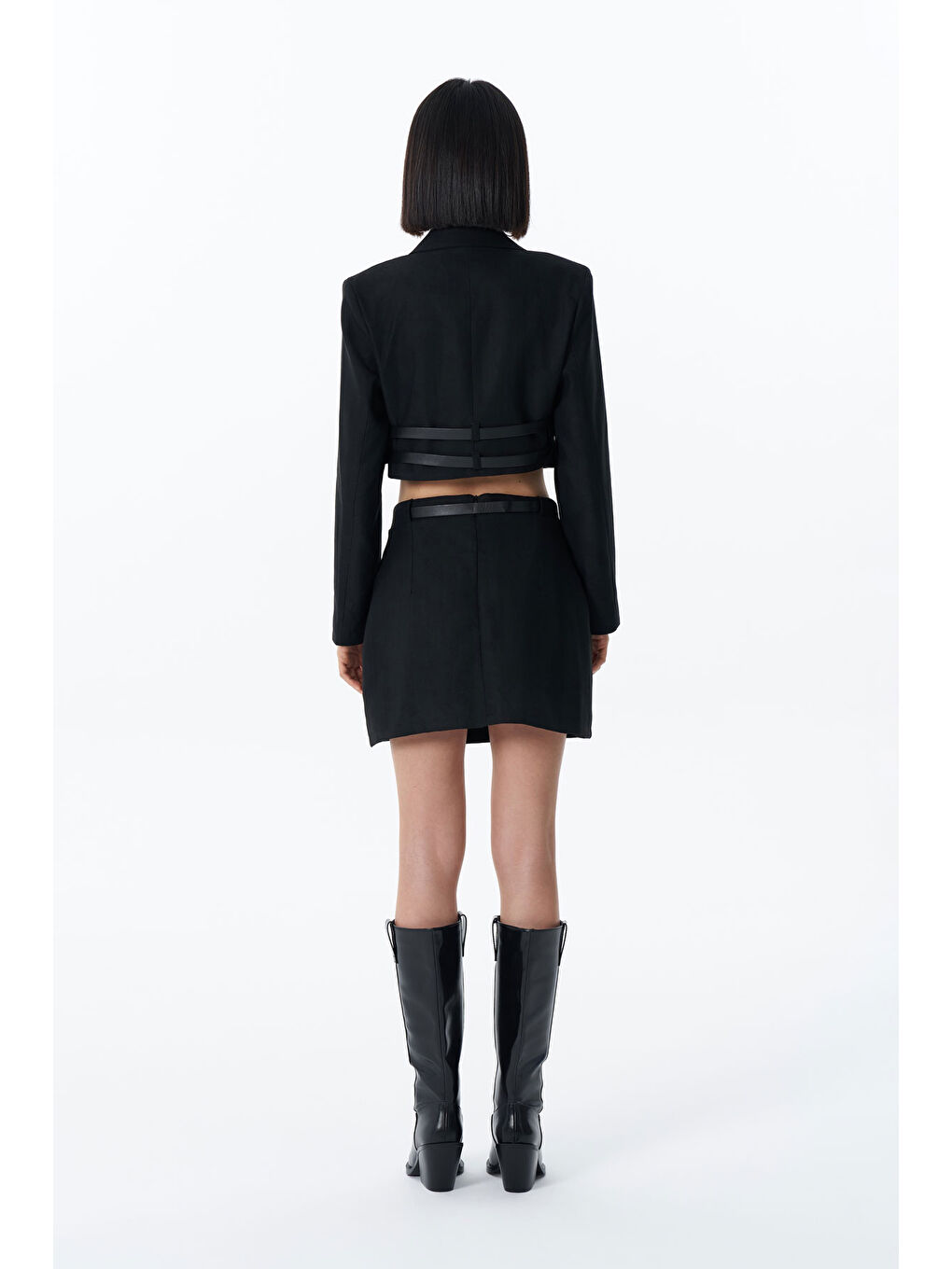 Kemer Aksesuarlı Crop Blazer Ceket Siyah-4