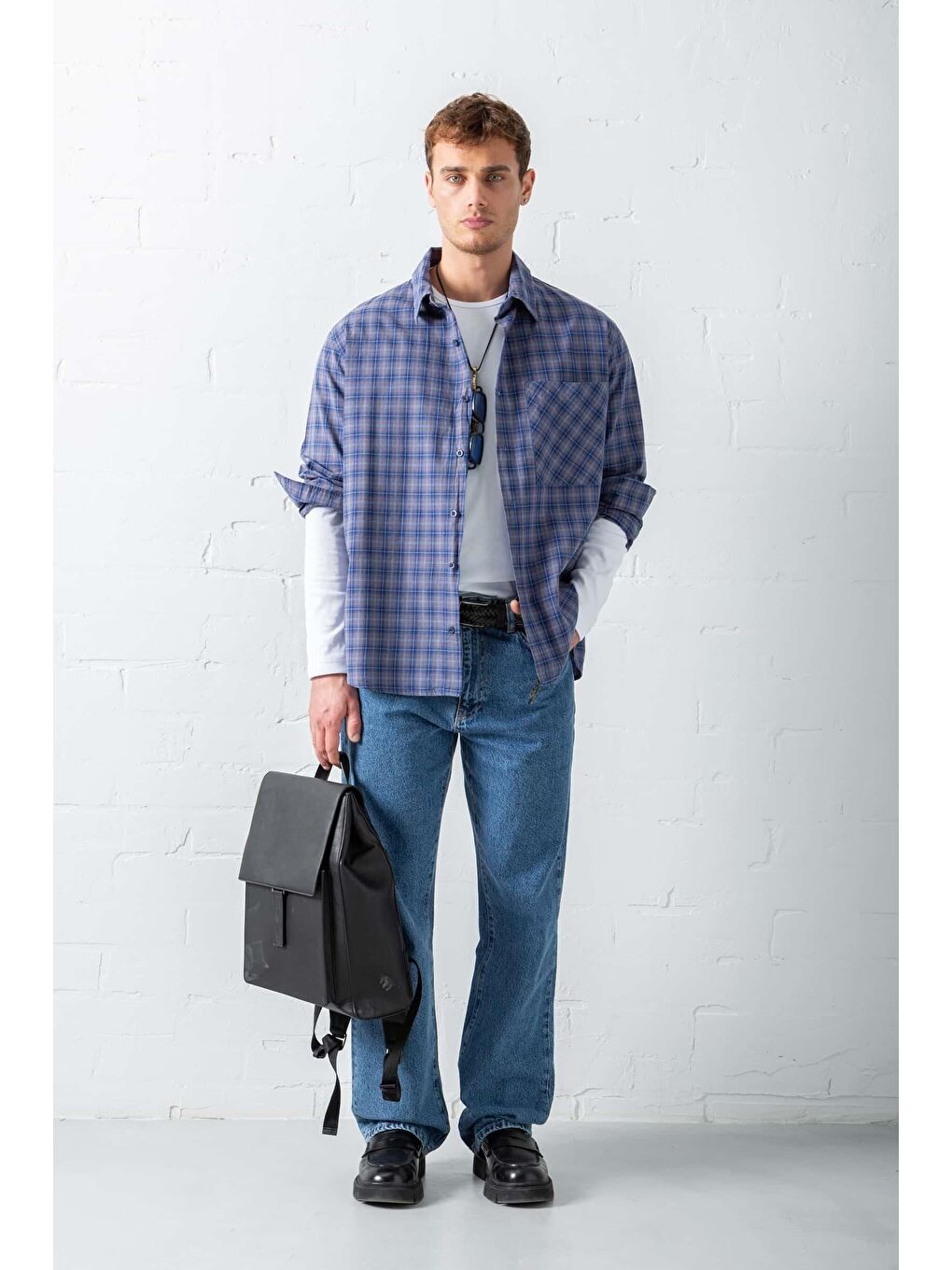 Erkek Oversize Ekose Baskılı %100 Pamuk Gömlek Mavi-1