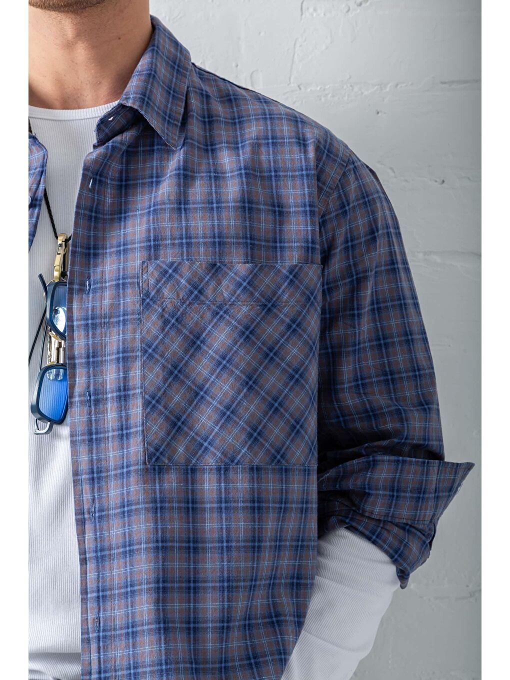 Erkek Oversize Ekose Baskılı %100 Pamuk Gömlek Mavi-2