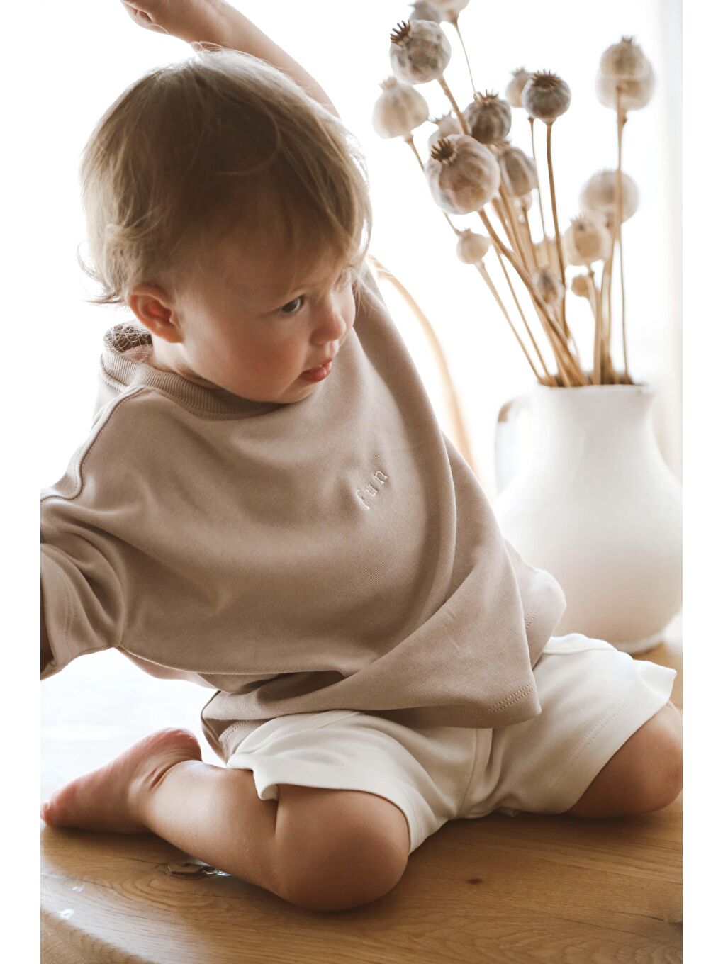 Bej Vizon Bisiklet Yaka Oversize T-Shirt Bebek - Çocuk-3