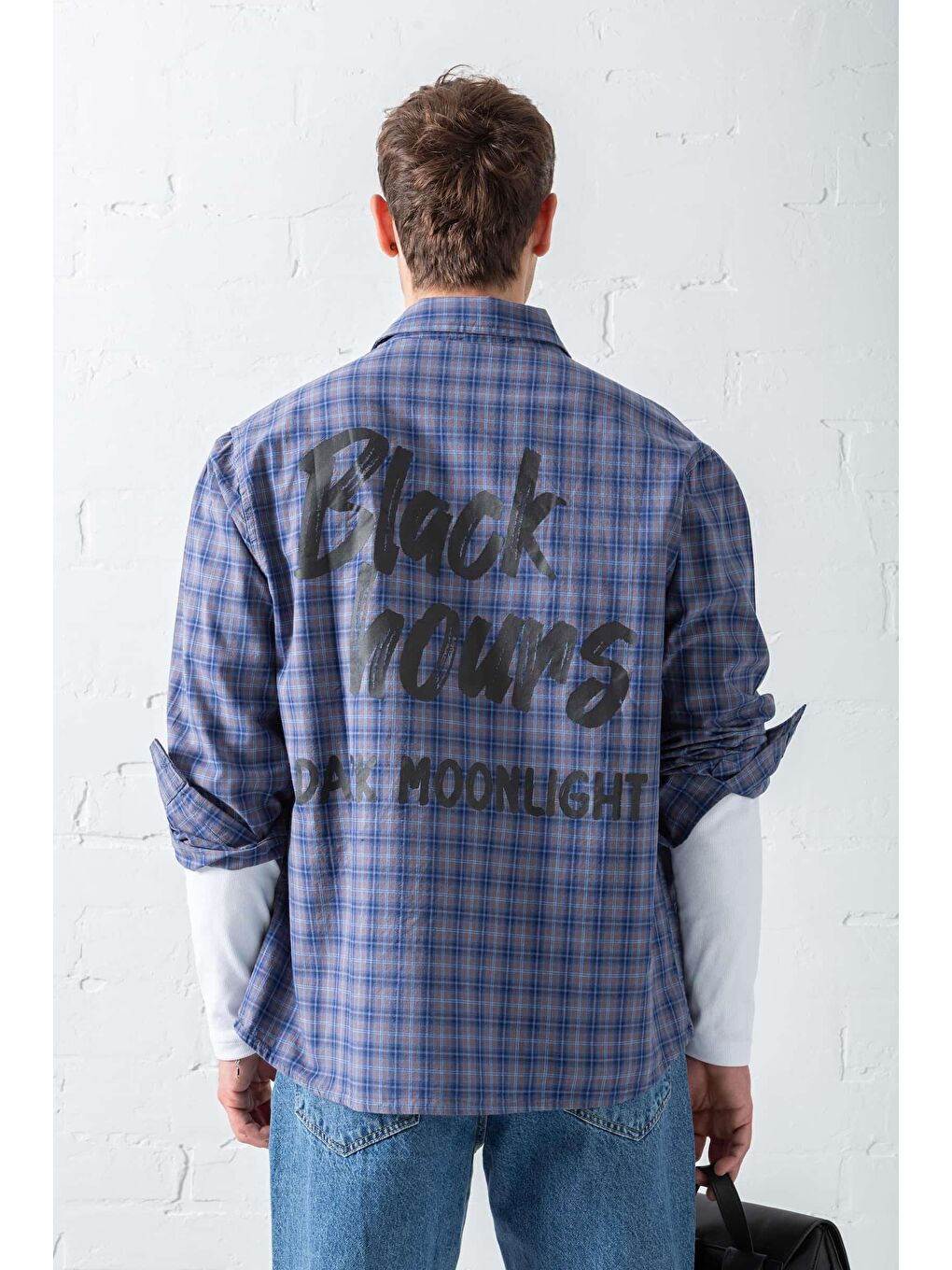 Erkek Oversize Ekose Baskılı %100 Pamuk Gömlek Mavi-3