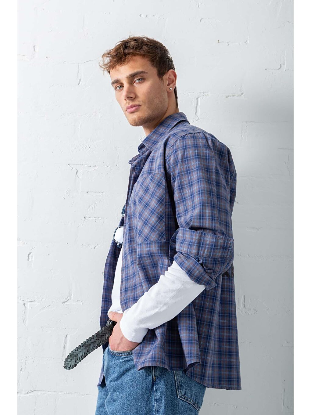 Erkek Oversize Ekose Baskılı %100 Pamuk Gömlek Mavi-4