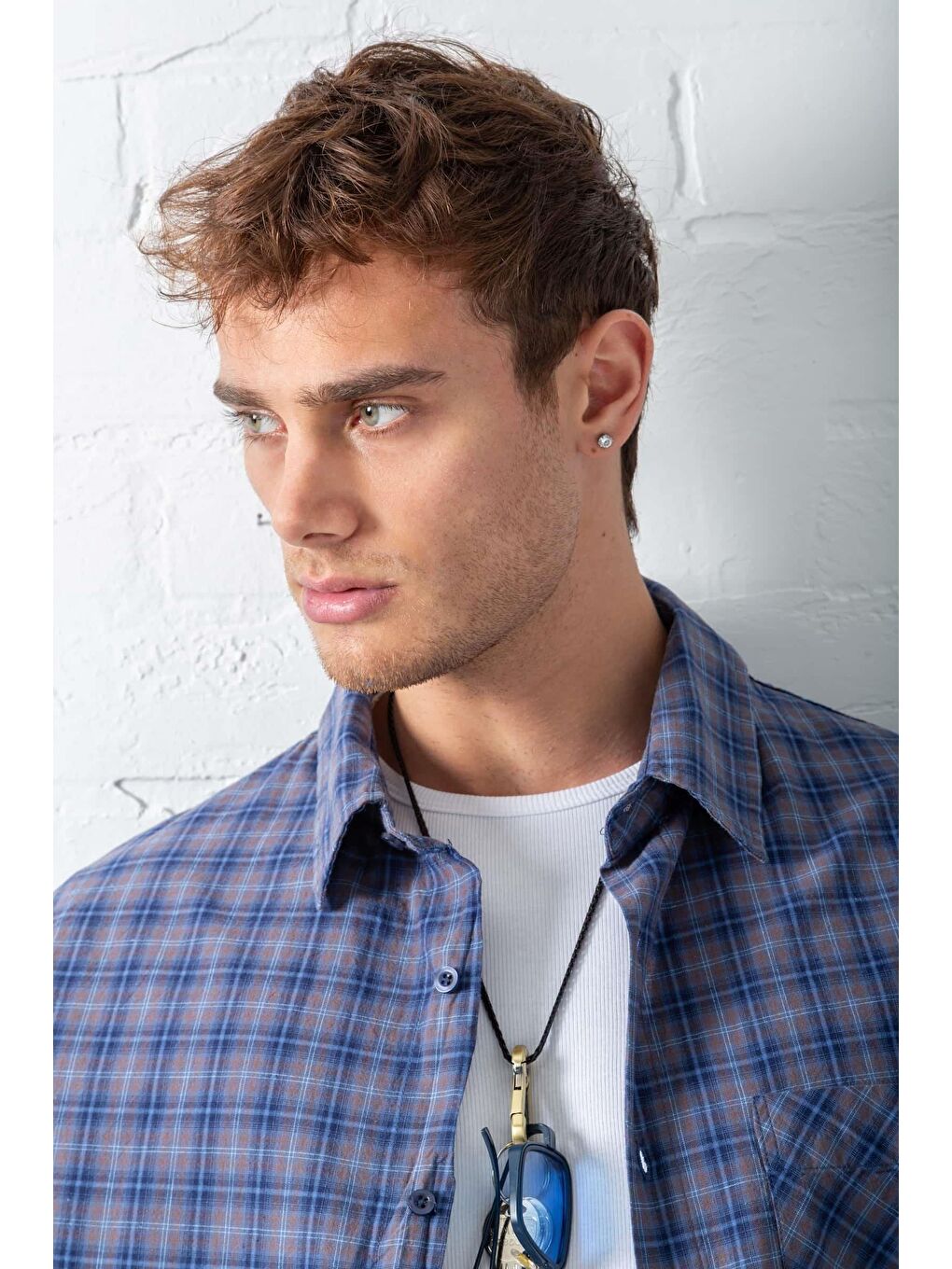 Erkek Oversize Ekose Baskılı %100 Pamuk Gömlek Mavi-5