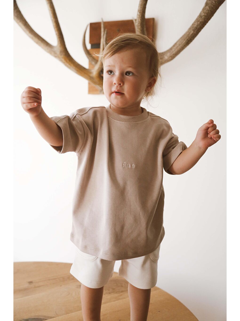 Bej Vizon Bisiklet Yaka Oversize T-Shirt Bebek - Çocuk-4