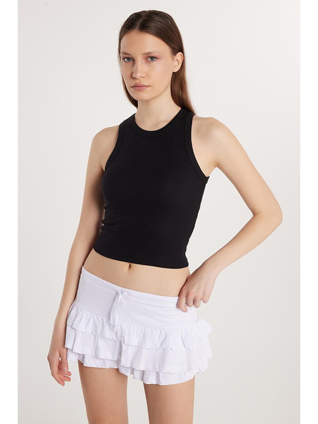 Kadın Modal Kumaş Slim Fit Dar Kesim Bisiklet Yaka Siyah Body Atlet-1