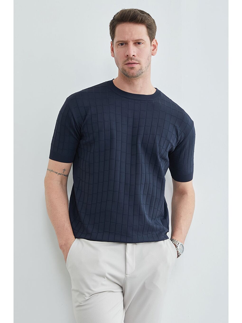 Lacivert Kare Desenli Fitilli Triko Tişört