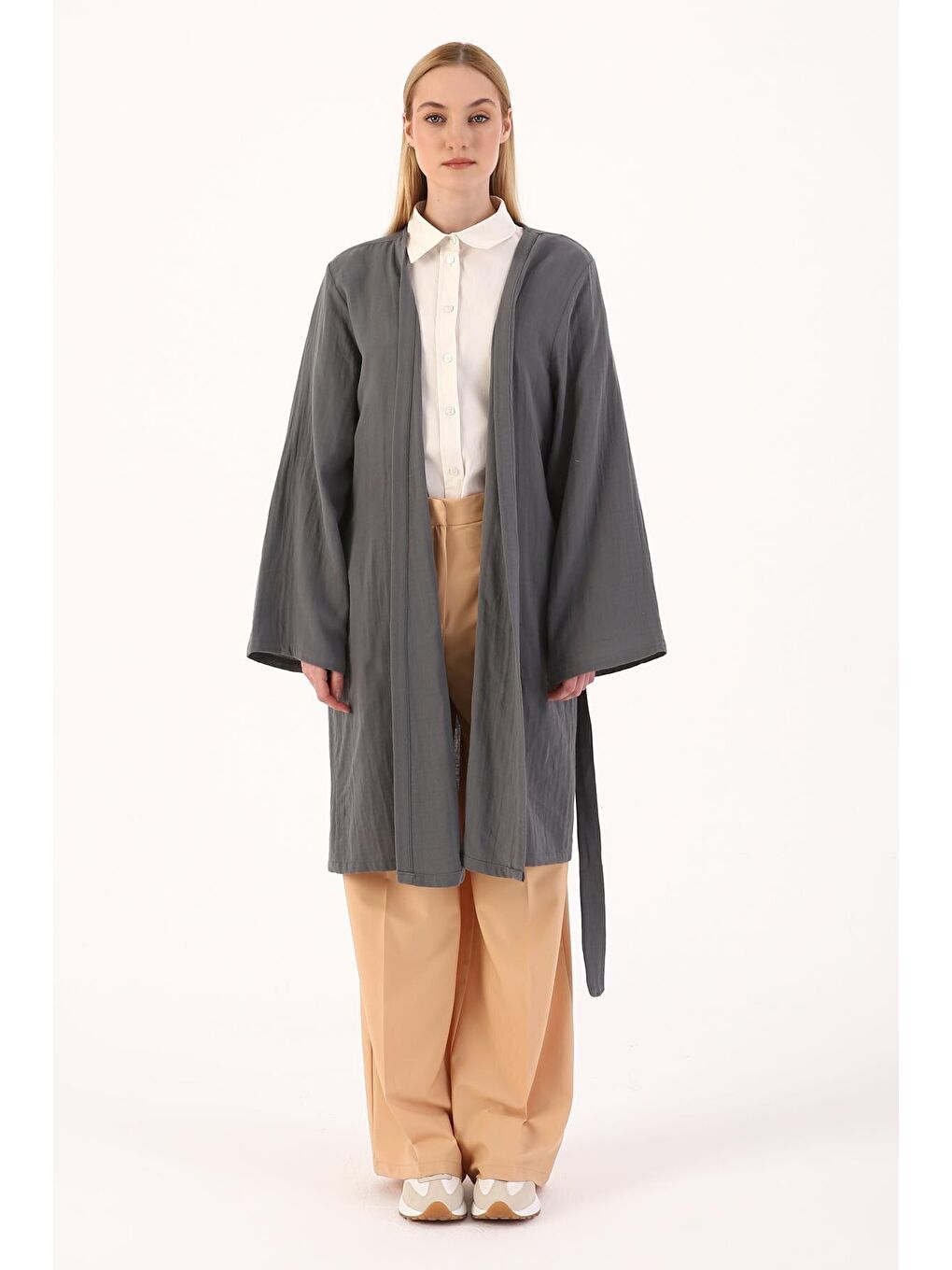 Gri Pamuklu Kuşaklı Kimono-1